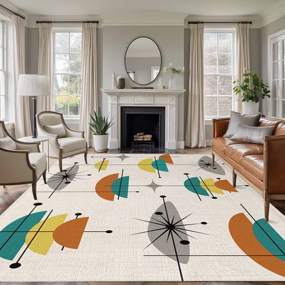 Boho Modern Area Rugs 8x10 for Living Room, Middle Century Teal Yellow Orange Geometric Non Slip Washable Rug Runner, Low Pile Indoor Floor Carpet Mat Bathroom Rugs for Bedroom, Kids Room