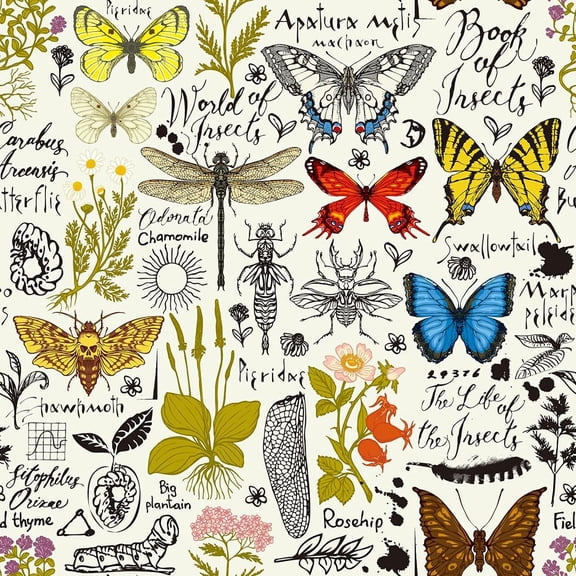 Boho Modern Butterfly Yellow Insect Sketch Peel and Stick Wallpaper Easy Peel Off Contact Paper Stick on Adhesive Wall Paper for Bathroom Waterproof Renter Friendly