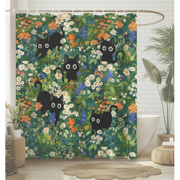 Boho Modern Cute Aesthetic Waterproof Shower Curtain with Unique Cat and Flower Print, Chic Decorative Design for Girls and Women, Fits Standard 72x72 Inch Bathtub or Bathroom Stall