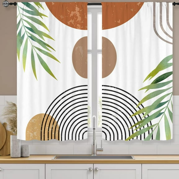 Boho Modern Mid Century Kitchen Curtains Rod Pocket Palm Leaf Abstract Leaves Small Short Cafe Tier Print Curtains Minimalistic Arch Window Treatment Drapes Decor(27.5W X 39L Inch 2 Panels)