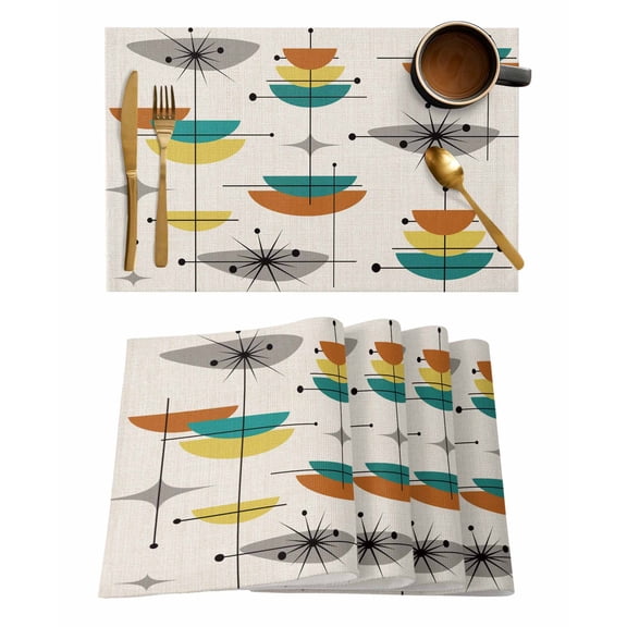 Boho Modern Placemats Set of 4, Middle Century Teal Yellow Orange Geometric Placemats for Dining Table, Place Mats for Kitchen Tabletop, Waterproof Wipeable Dining Table Mats Set