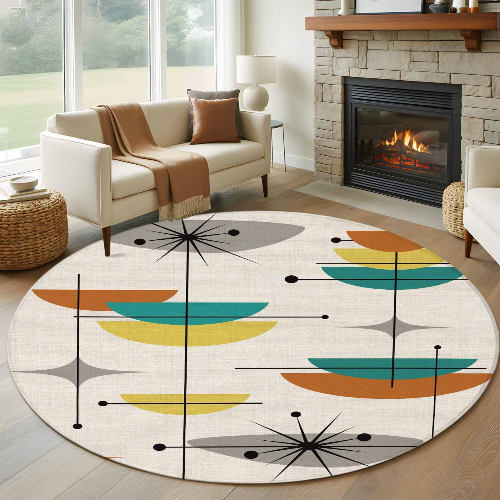 Boho Modern Round Rugs 8ft, Middle Century Teal Yellow Orange Geometric Non Slip Washable Rug Runner, Low Pile Indoor Floor Carpet Mat Bathroom Rugs for Living Room, Bedroom, Kids Room