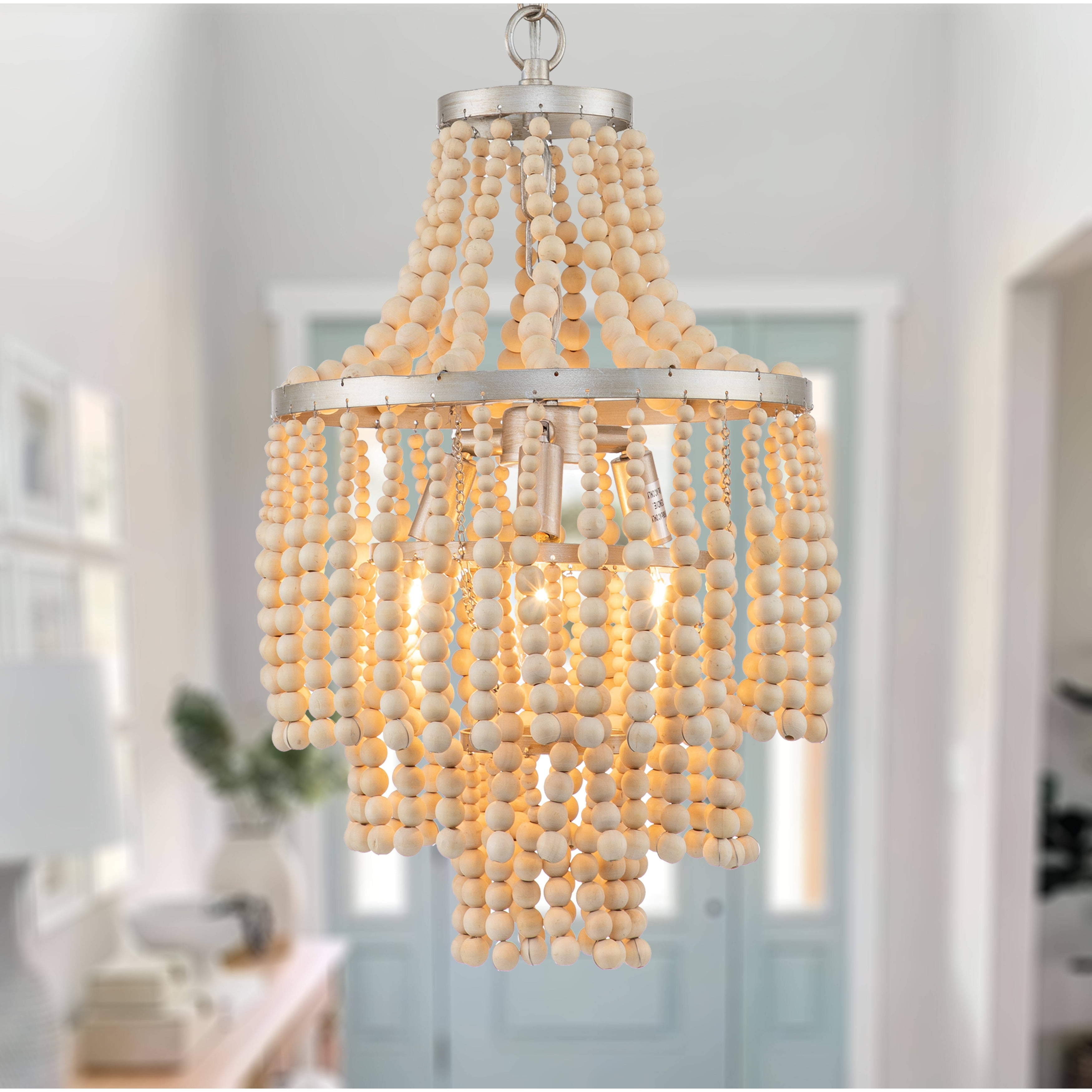 Boho Modern Distressed Light Wood Bead Chandelier, 3-Light