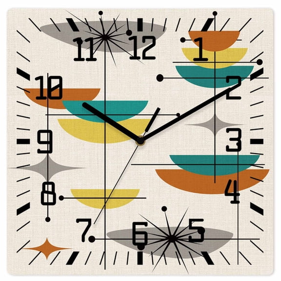 Boho Modern Wooden Wall Clock Silent Non Ticking, Middle Century Teal Yellow Orange Geometric Square Wall Clocks Battery Operated, Decor Clock for Home Office, Living Room, Kitchen, 10 Inch