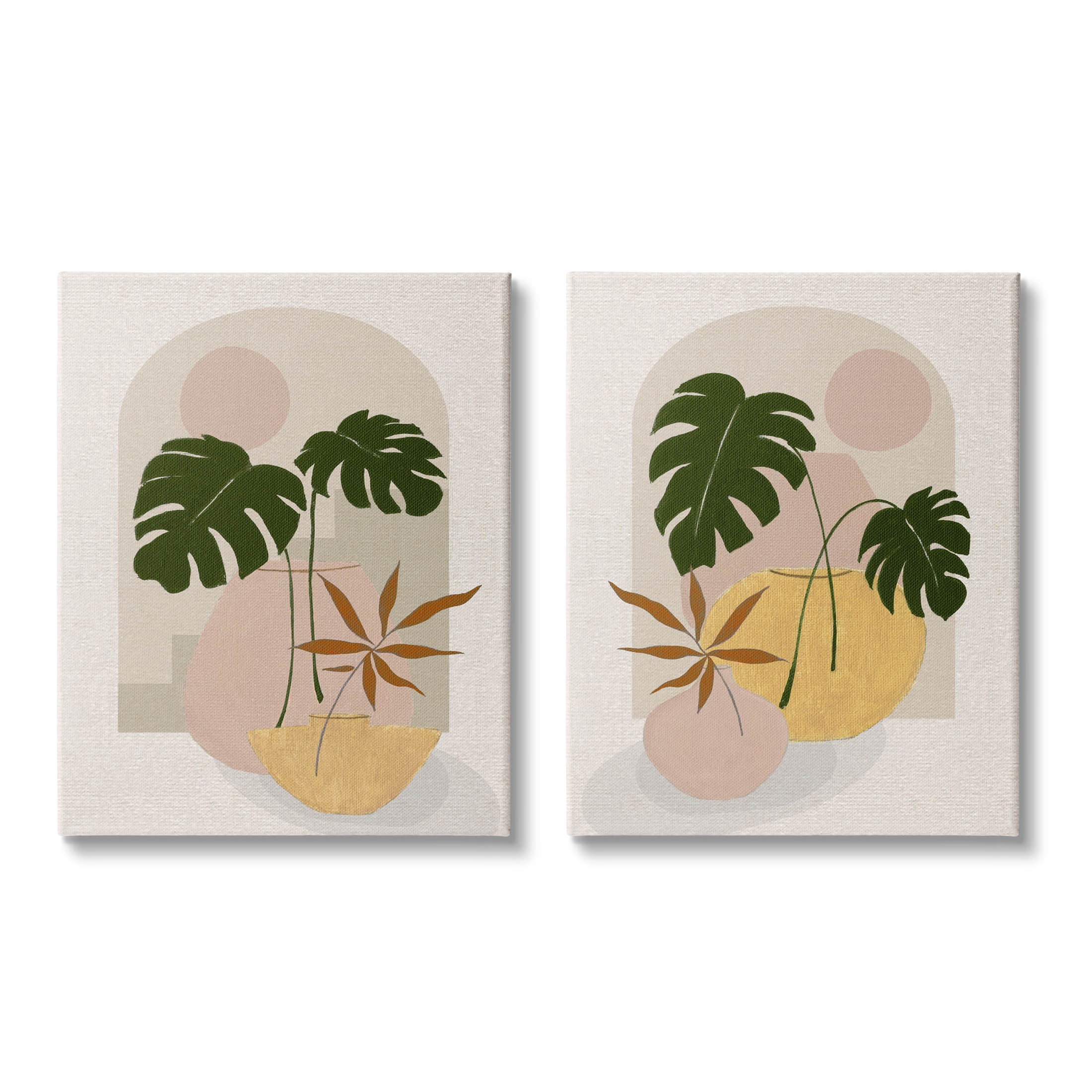 Boho Monstera Archway Landscape Botanical & Floral Painting Gallery Wrapped Canvas Print Wall Art, Set of 2