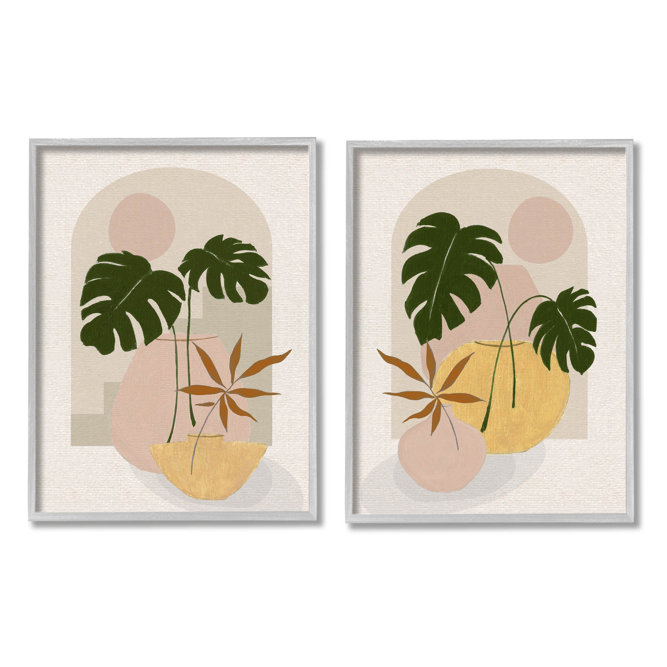 Boho Monstera Archway Landscape Botanical & Floral Painting Gray Framed Art Print Wall Art, Set of 2