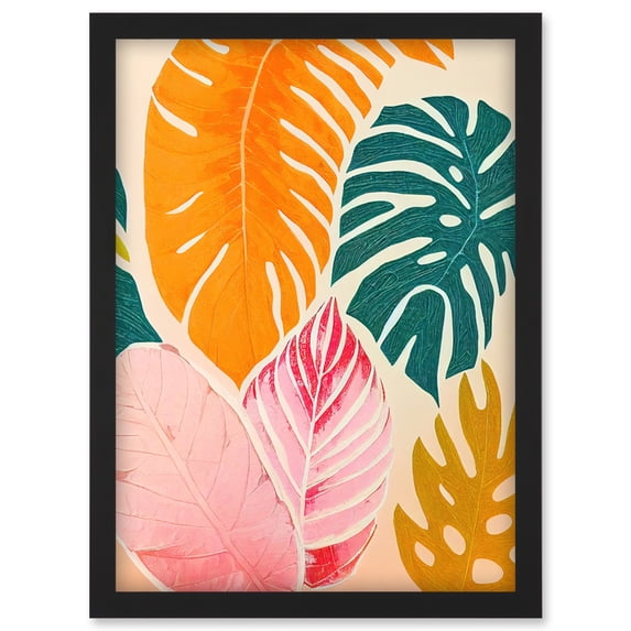 Boho Monstera Leaf Orange Pink And Green Artwork Framed Wall Art Print A4