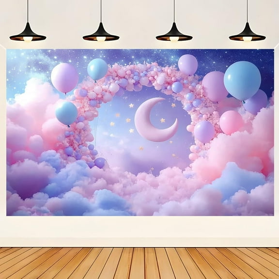 Boho Moon Arch Baby Shower Backdrop Pastel Balloon Twinkle Star Baby Shower Photography Background for Girls Galaxy Pink Blue Clouds Newborn Birthday Party Decorations Banner Photo Booth Props