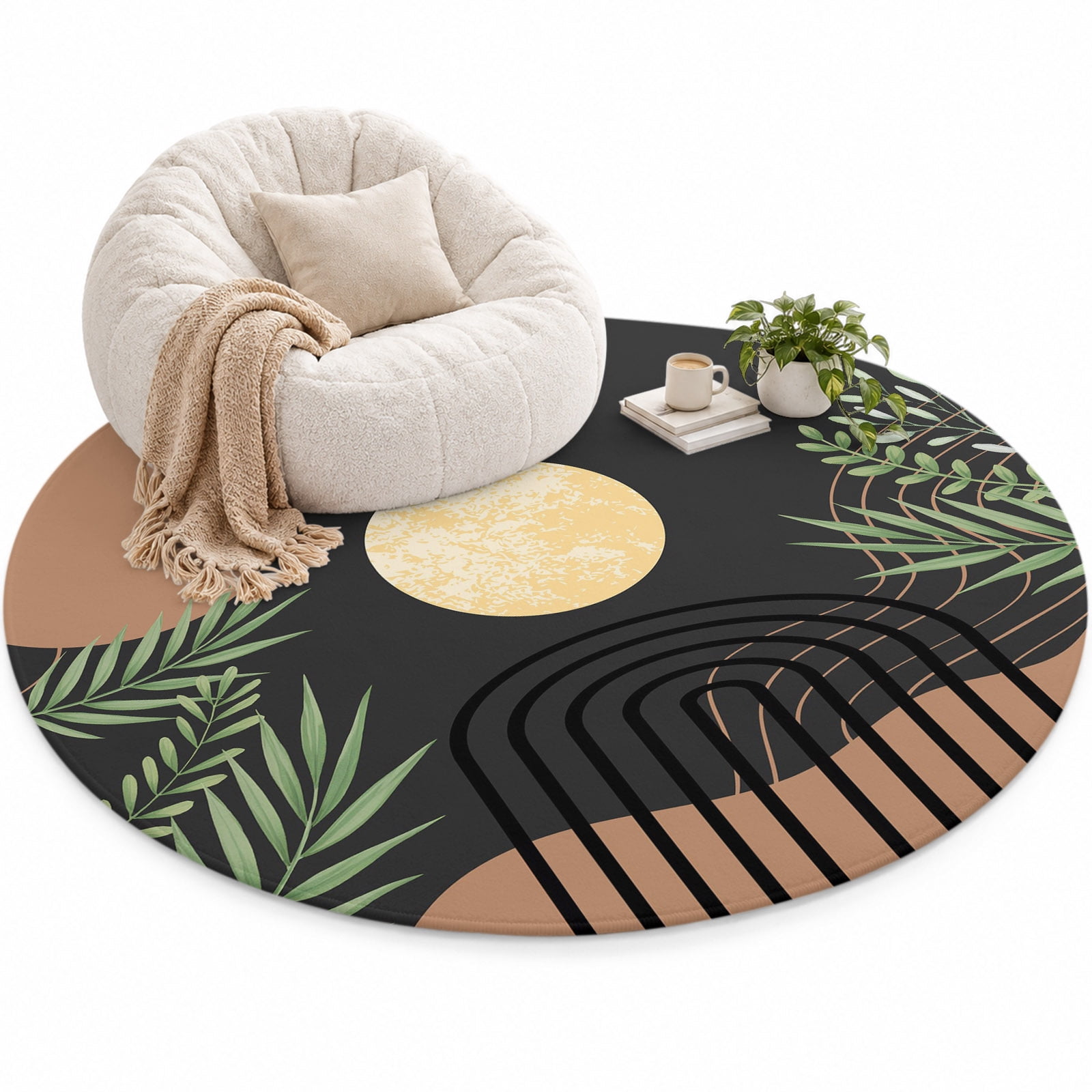 Boho Moon Area Rug 6', Modern Bohemian Green Leaves Plant Black Soft ...