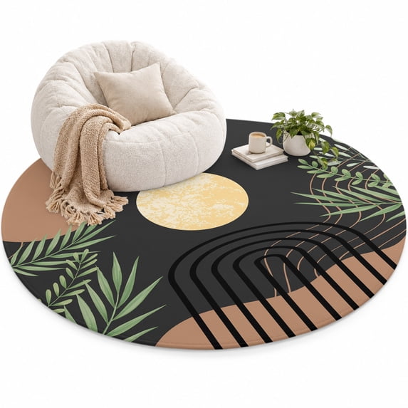 Boho Moon Area Rug 6', Modern Bohemian Green Leaves Plant Black Soft ...