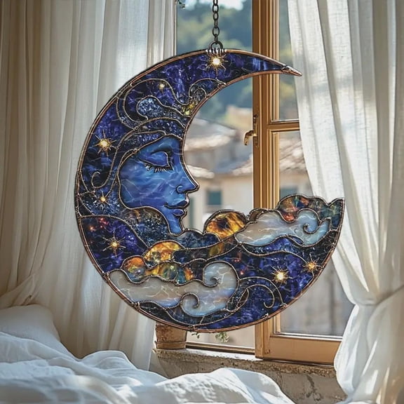 Boho Moon Face Acrylic Suncatcher - Faux Stained Glass Celestial Hanging - Starry Night Window Decor