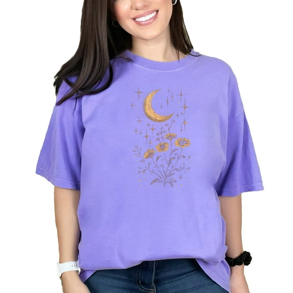 Boho Moon and Flowers Graphic Tee, Celestial Botanical Art T-Shirt, Vintage Moon Blossoms Shirt, Retro Starry Night Floral Tee, Violet Comfort Colors T-Shirt, 3XL