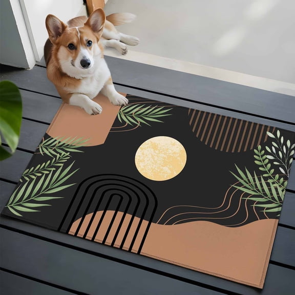 Boho Moon Front Door Rugs 2x3 ft Modern Bohemian Green Leaves Plant Black Small Rug for Entryway Non Slip Washable Bathroom Door Mat Absorbent Floor Mat for Indoor Entrance
