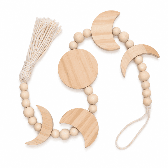 Boho Moon Hanging Decor, Cotton Rope Tassel Wood Beads, Closet Wall Accent