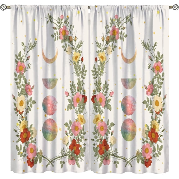 Boho Moon Phase Floral Curtains Vintage Wild Flower Star Print Window Drapes for Bedroom Living Room Aesthetic Home Decor