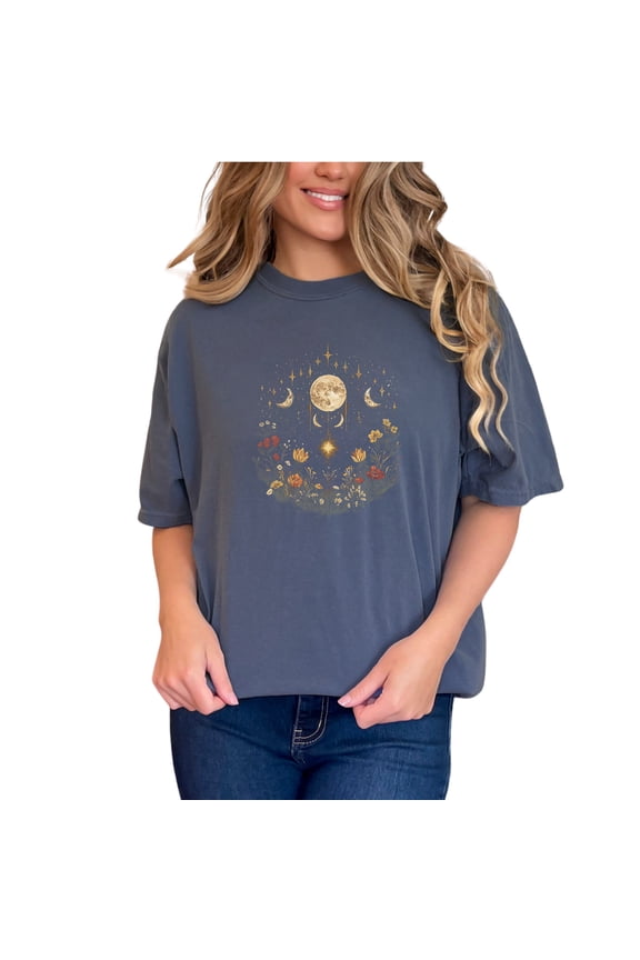 Boho Moon Phases Floral T-Shirt, Celestial Sun and Moon Graphic Tee, Botanical Nature Design Shirt, Vintage Style Art T-Shirt, Denim Comfort Colors T-Shirt, Medium