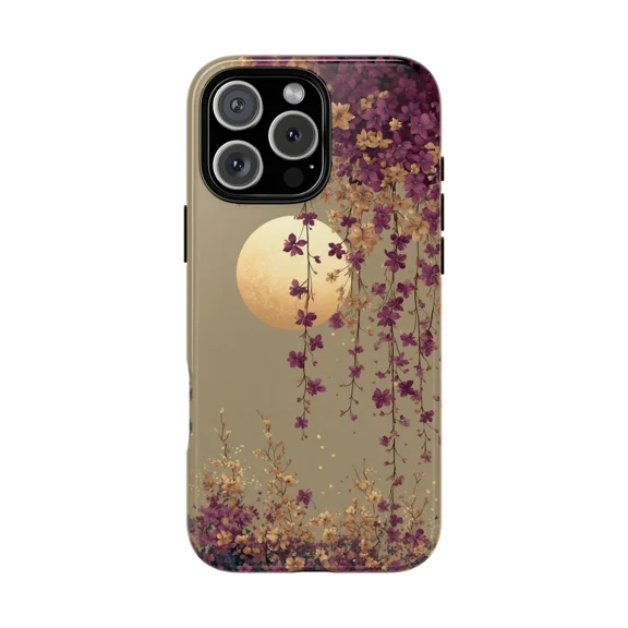Boho Moon Purple Floral Vines Artistic Style Phone Case with iPhone 11 to 17 Pro Max