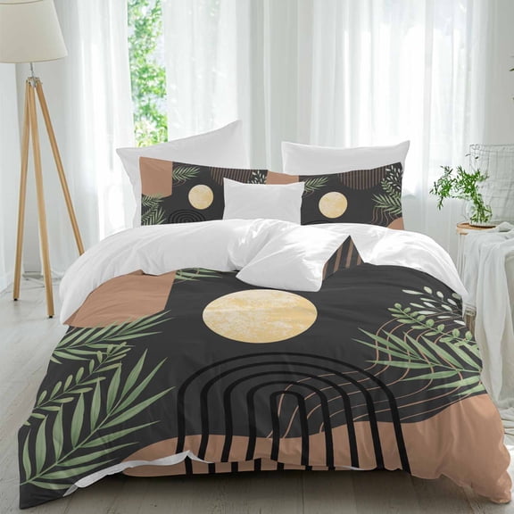 Boho Moon Queen Size Comforter Set, Modern Bohemian Green Leaves Plant Black Bedding for All Seasons, 4 Pcs Bed Set, 1Quiltcover (90"x92") ,1Sheet(94"x116"), 2Pillowcases (30"x20")