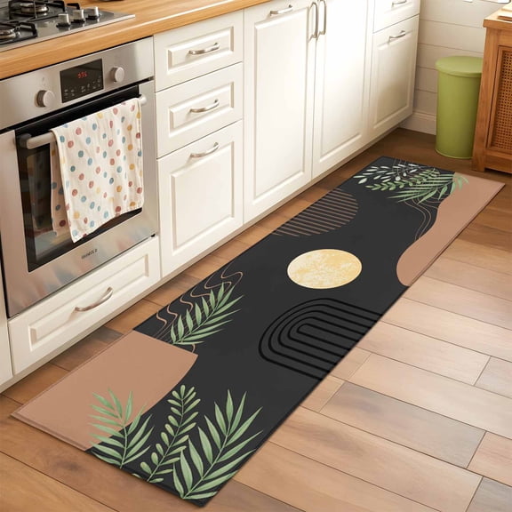 Boho Moon Runner Rugs 2x6 ft Modern Bohemian Green Leaves Plant Black Washable Hallway Rugs Non-Slip Floor Mats Absorbent Carpet Bedside Runners for Bedroom Kitchen Bathroom Laundry Room