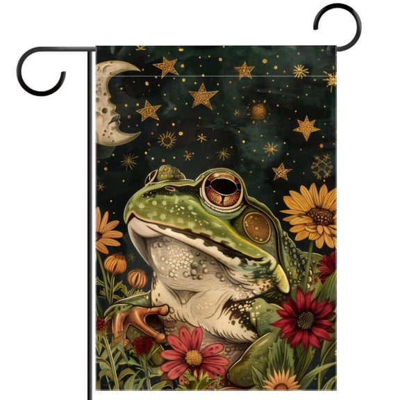 Boho Moon Stars Aesthetic Floral Funny Frog Decorative Garden Flag for All Seasons, 12 x 18 Inch Small Vertical Double Sided Outside Decoration for Yard Farmhouse