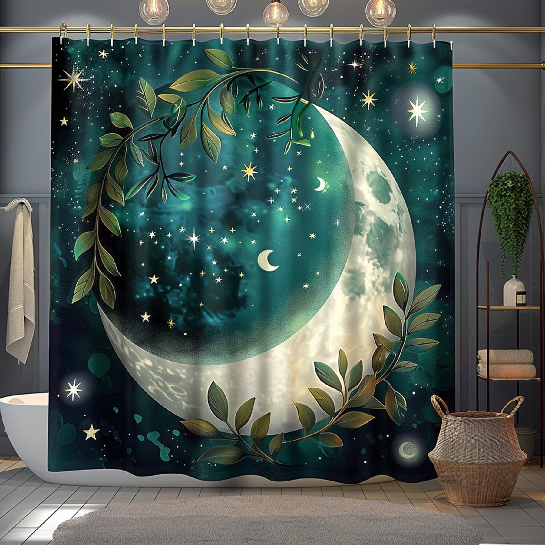 Boho Moon and Stars Teal Green Shower Curtain Hyper Realistic Bathroom