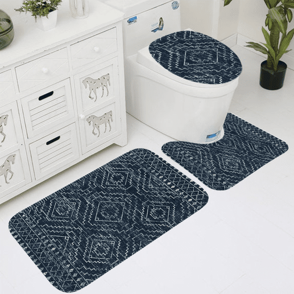 Boho Moroccan 3-Piece Bath Rug Set, Non-Slip Polyester Bathroom Mats, Washable Low-Pile Geometric Rugs for Toilet, Entryway, Kitchen, and Laundry