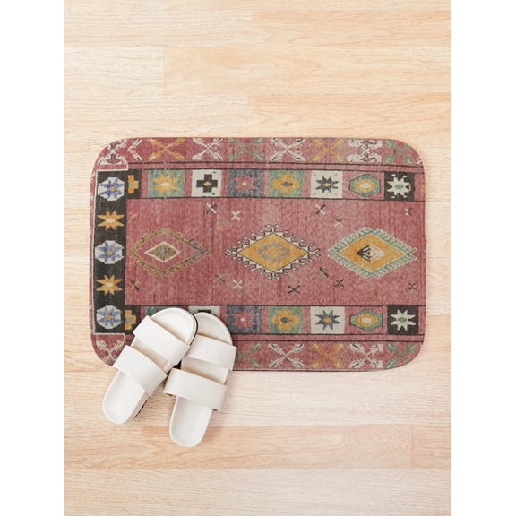 Boho Moroccan Bath Mat – Vintage Geometric Pattern, Non-Slip Bathroom Rug, 2 Sizes Available