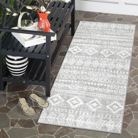 Boho Moroccan Entryway Rug, Washable Low-Pile 2x4 Front Door Rug for Entry Non-Slip Rubber Backing, Soft Rustic Tribal Print Grey Indoor Small Throw Carpet for Bathroom Bedroom