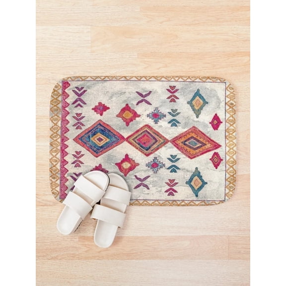 Boho Moroccan Geometric Bath Mat, Vintage Abstract Pattern Bathroom Rug, Graphite Multi-Color, 15.7 x 23.6 or 19.7 x 31.5 in