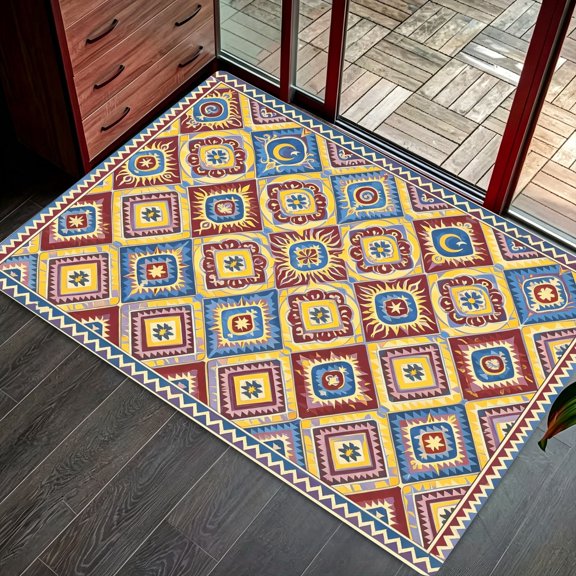 Boho Moroccan Geometric Tile Doormat, Front Porch Living Room Christmas Party Decorative Floor Mat, Thanksgiving Christmas Gift