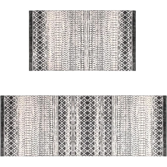 Boho Moroccan Kitchen Rug and Sets 2 Piece Non Skid Washable mat for Kitchen mats for Floor Farmhouse Black Bohemian Kitchen Decor (Black, One Size)