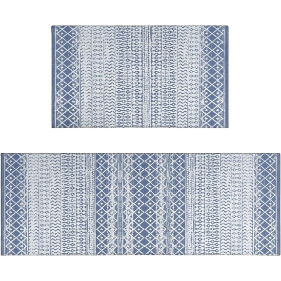 Boho Moroccan Kitchen Rug and Sets 2 Piece Non Skid Washable mat for Kitchen mats for Floor Farmhouse Black Bohemian Kitchen Decor (Blue)