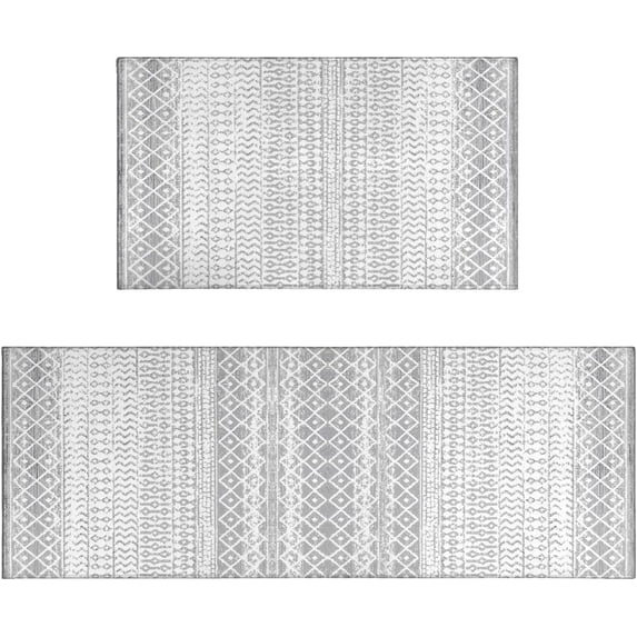 Boho Moroccan Kitchen Rug and Sets 2 Piece Non Skid Washable mat for Kitchen mats for Floor Farmhouse Black Bohemian Kitchen Decor (Grey, One Size)