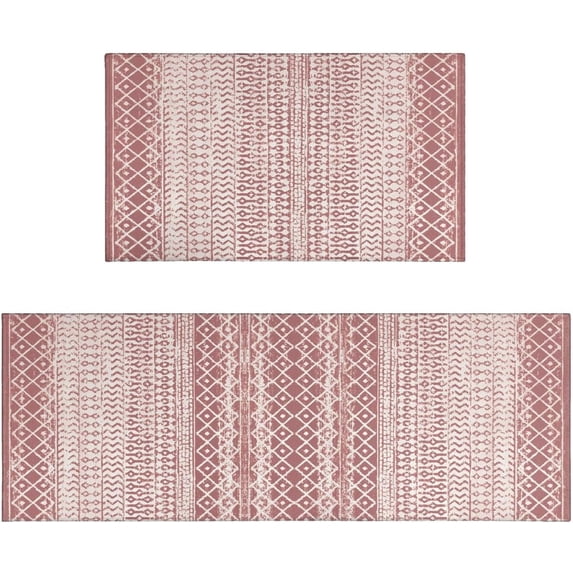 Boho Moroccan Kitchen Rug and Sets 2 Piece Non Skid Washable mat for Kitchen mats for Floor Farmhouse Black Bohemian Kitchen Decor (Red, One Size)