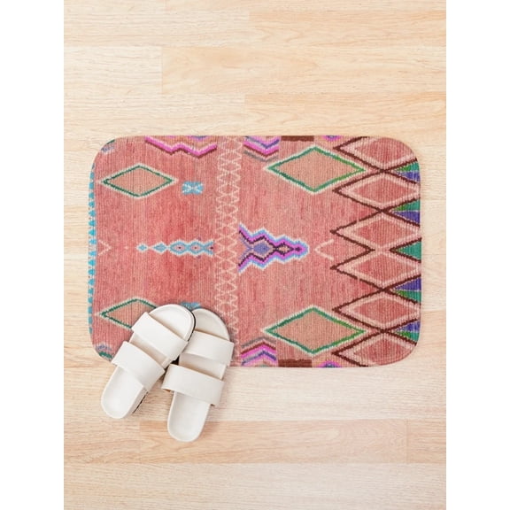 Boho Moroccan Pattern Bath Mat, Pink Abstract Geometric Bathroom Rug, Vintage Inspired Floor Mat