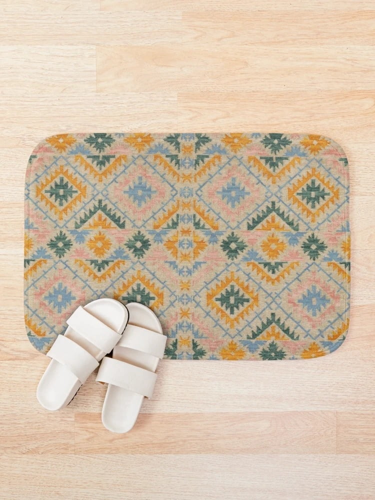 Boho Moroccan Pattern Bath Mat, Vintage Geometric Abstract Bathroom Rug ...