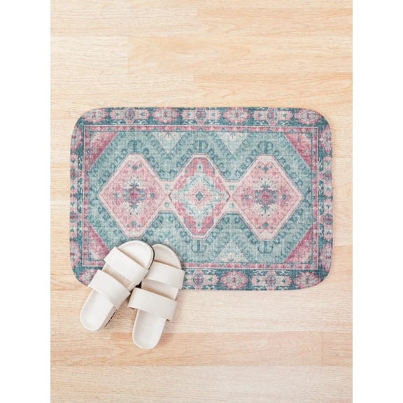 Boho Moroccan Pattern Bath Mat, Vintage Teal Pink Abstract Bathroom Rug, 15.7 x 23.6 in or 19.7 x 31.5 in