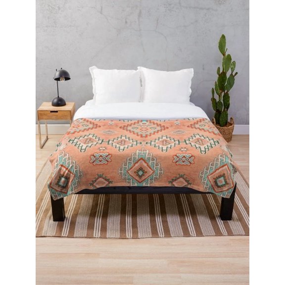 Boho Moroccan Pattern Sherpa Throw Blanket, Polyester Fleece 2-Layer Printed Blanket, Peach Geometric Bed & Couch Blanket