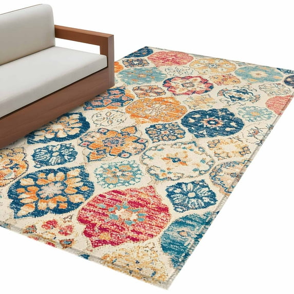 Boho Morocco Area Rug 3x5 FT, Non Slip Entryway Bedside Carpet, Retro Farmhouse Ethnic Neutral Aesthetic Washable Soft Floor Carpet Indoor Mat Non-Shedding Throw Rug for Dorm Kitchen Home Office