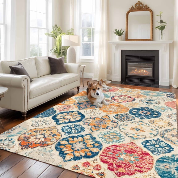 Boho Morocco Area Rug 5x8 FT, Non Slip Bedroom Throw Carpet, Retro Farmhouse Ethnic Neutral Aesthetic Washable Soft Floor Carpet Non-Shedding Rug for Living Room Nursery Dorm Office