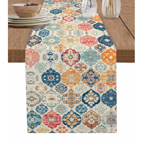 Boho Morocco Burlap Cotton Table Runner 13x70 Inches Long, Retro Farmhouse Ethnic Neutral Aesthetic Farmhouse Table Runners, Outdoor Dining Tablecloths Decor for Baby Shower/Party/Wedding