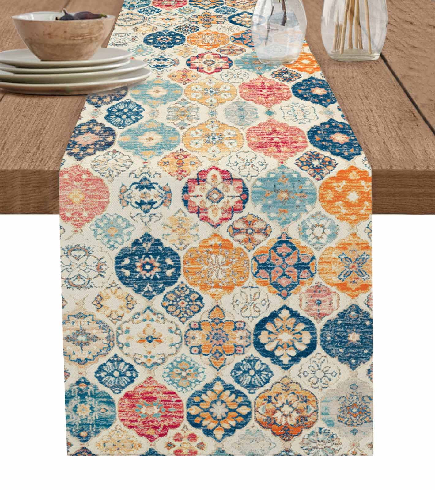 Boho Morocco Burlap Cotton Table Runner 13x90 Inches Long, Retro Farmhouse Ethnic Neutral Aesthetic Farmhouse Table Runners, Outdoor Dining Tablecloths Decor for Baby Shower/Party/Wedding