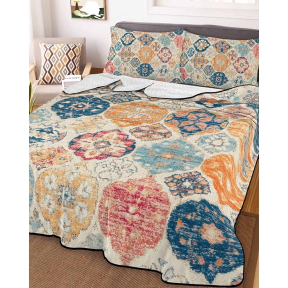 Boho Morocco Full Size Down Alternative Comforter, Lightweight Comforter Quilt Bedding Set with Pillow Shams Retro Farmhouse Ethnic Neutral Aesthetic All Seasons Bed Comforter Duvet Insert 78"x90"