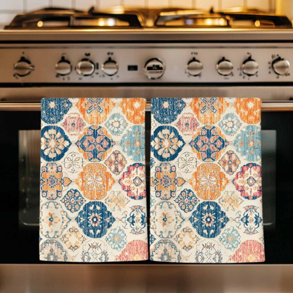 Boho Morocco Kitchen Towels Set of 2, Retro Farmhouse Ethnic Neutral Aesthetic Absorbent Dish Towels for Kitchen, Microfiber Hand Towel, Quick Drying Tea Towel for Cleaning Decorative Dishcloths