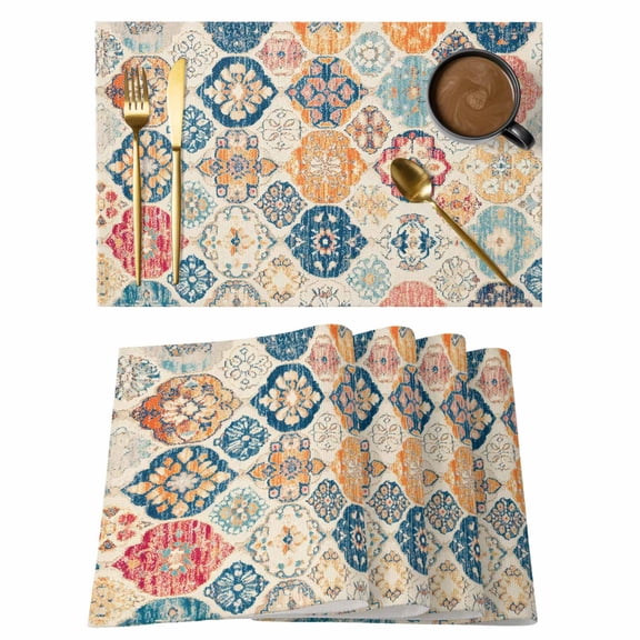 Boho Morocco Placemats Set of 4 Retro Farmhouse Ethnic Neutral Aesthetic Place Mats Indoor Wipeable Table Mats Washable Cloth Dining Table Placemats for Kitchen Holiday Party Home Decor 13x19 Inch