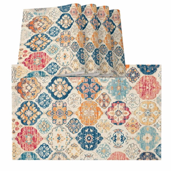 Boho Morocco Retro Farmhouse Ethnic Neutral Aesthetic Burlap Kitchen Place Mats Waterproof Cloth Table Mats, Indoor Outdoor Placemats Easy Clean Dinner Decor