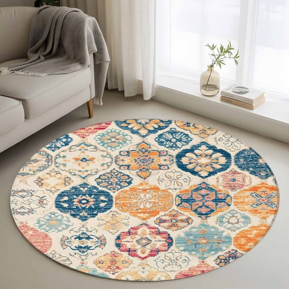 Boho Morocco Round Area Rug 3.3 FT, Non Slip Small Entryway Kitchen Mat, Retro Farmhouse Ethnic Neutral Aesthetic Washable Soft Circular Rug Non-Shedding Door Mat for Bathroom Playroom Kids Room