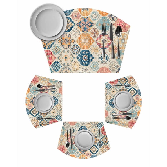 Boho Morocco Round Table Placemats Set of 6 Wedge Placemats, Retro Farmhouse Ethnic Neutral Aesthetic Place Mats for Dining Table Set Washable Mats Kitchen Decor for Indoor Outdoor Wipe Clean