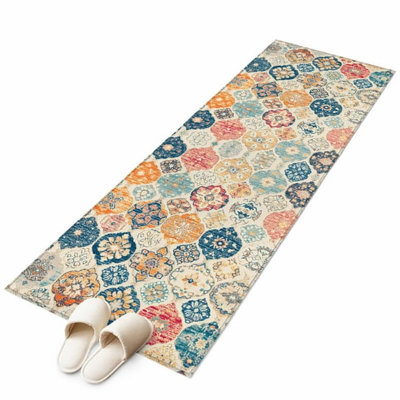 Boho Morocco Runner Rug 2x6 FT, Non Slip Hallway Carpet, Retro Farmhouse Ethnic Neutral Aesthetic Washable Soft Floor Carpet Throw Runner Carpet Long Rug for Entryway Kitchen Bedside Sliding Door