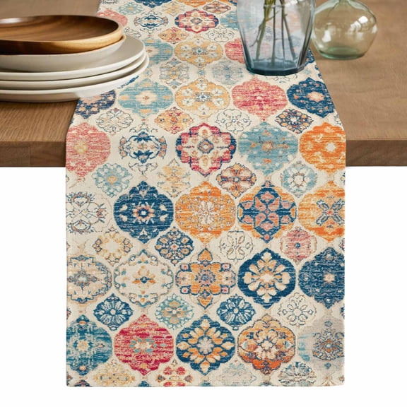 Boho Morocco Table Runner, Retro Farmhouse Ethnic Neutral Aesthetic Washable Cotton Linen Table Runners 36 Inches Long, Dresser Scarf Runner for Nightstand/End Tables/Round Tables 13''x36''